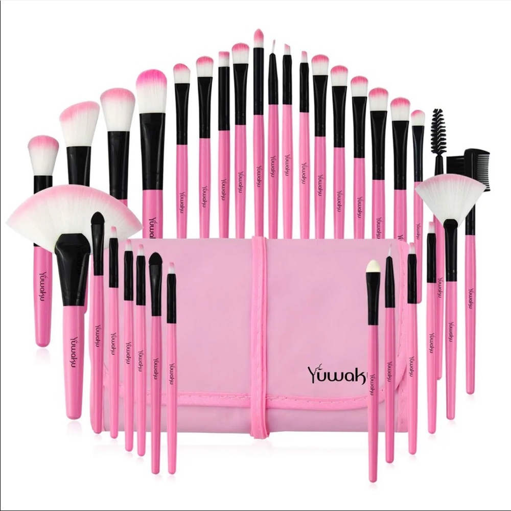 Yuwaku Pink Makeup Brush Set, 32pcs Premium Synthetic Brushes with Nylon Bag